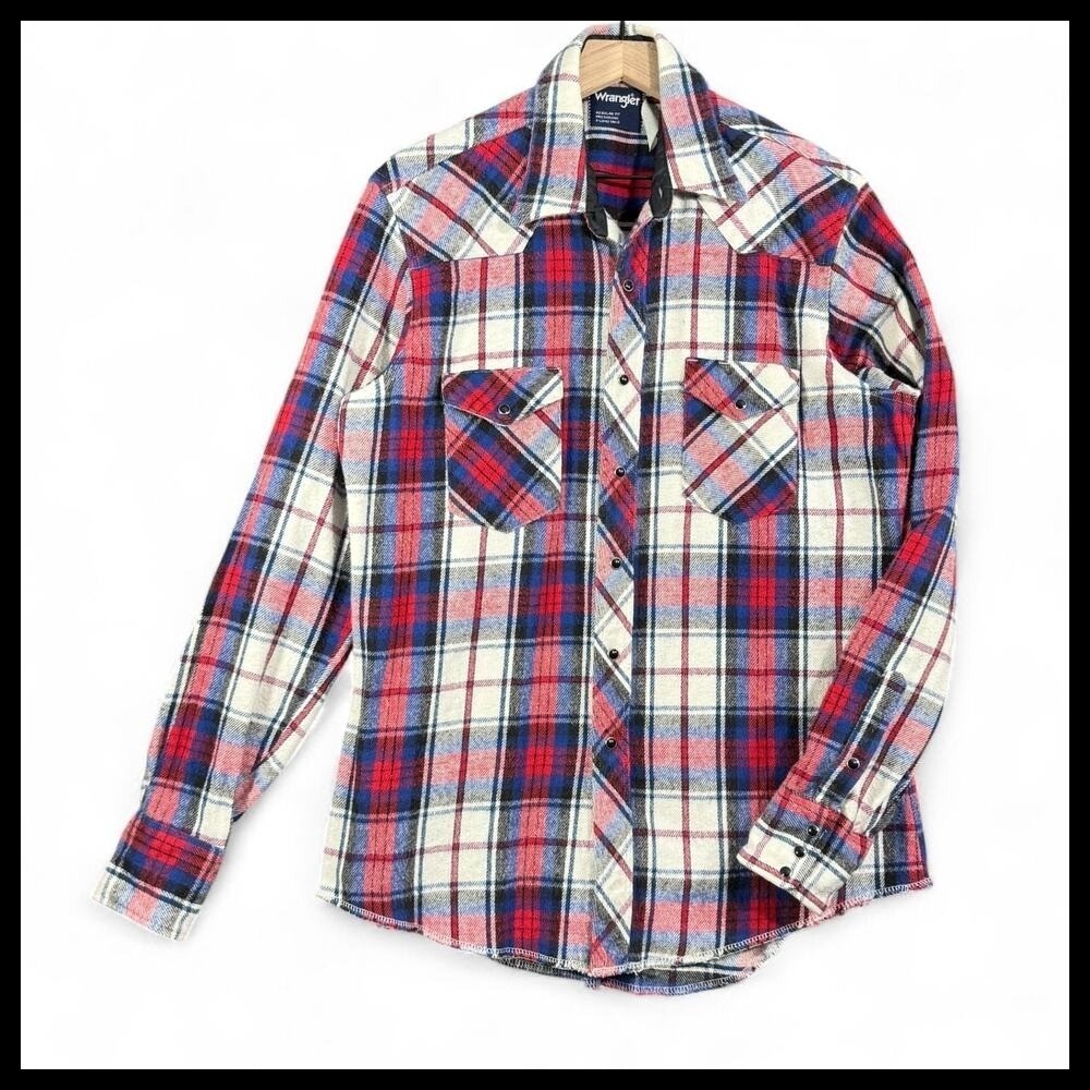 VTG Wrangler Flannel Western Snap Shirt Red Blue‎ Plaid Heavy X-Long Tails Men L